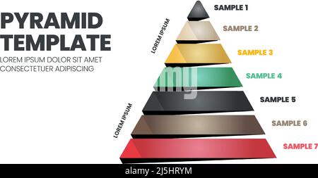 7 Steps of a pyramid or triangular template with editable text is for elements in a chart presentation slide. The hierarchy template is a modern color Stock Vector