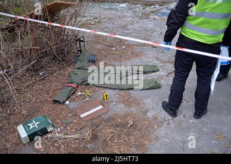 Non Exclusive: BERVYTSIA, UKRAINE - APRIL 21, 2022 - Items belonging to Russian soldiers collected by Ukrainian investigators are pictured in the vill Stock Photo
