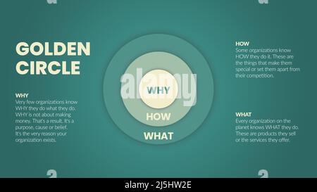 The Golden Circle and brain illustration of Simon Sinek are 3 elements starting with a Why question. Diagram vector presentation informs the origin of Stock Vector