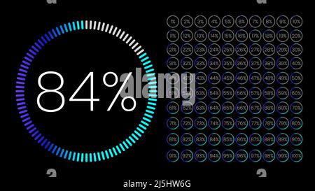 Set of gradient circle percentage meters from 0 to 100 for infographic, user interface design UI. Colorful pie chart downloading progress. Pie Chart Stock Vector