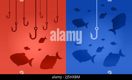 A comparison flowchart of the blue ocean concept. The Infographic is presented the blue ocean having a lot of hooks, but the red has less competition Stock Vector