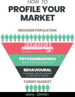 The target market concept infographic vector is a customer segmentation to analyze the client's experiences. It begins with demographic, psychographic Stock Vector