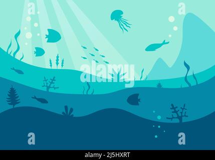 Underwater world silhouette, vector. Deep blue sea with fishes and seaweed, simple flat illustration Stock Vector