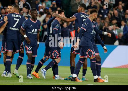 Paris, France. 23rd Apr, 2022. Paris Saint-Germain's players celebrate the goal during a French Ligue 1 football match between Paris Saint-Germain (PSG) and Lens in Paris, France, April 23, 2022. Credit: Rit Heize/Xinhua/Alamy Live News Stock Photo