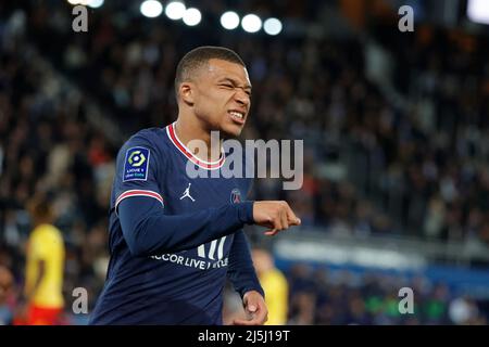 Paris, France. 23rd Apr, 2022. Paris Saint-Germain's Kylian Mbappe reacrts during a French Ligue 1 football match between Paris Saint-Germain (PSG) and Lens in Paris, France, April 23, 2022. Credit: Rit Heize/Xinhua/Alamy Live News Stock Photo