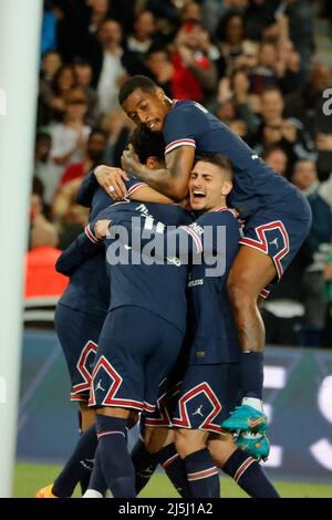 Paris, France. 23rd Apr, 2022. Paris Saint-Germain's players celebrate the goal during a French Ligue 1 football match between Paris Saint-Germain (PSG) and Lens in Paris, France, April 23, 2022. Credit: Rit Heize/Xinhua/Alamy Live News Stock Photo