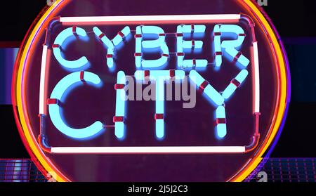 3d render illustration of night cyber city neon sign on metal panels. Stock Photo