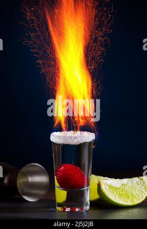 burning shot. shot and fire on a dark background Stock Photo