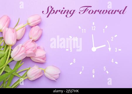Beautiful tulip flowers and drawing of clock on lilac background. Spring forward Stock Photo
