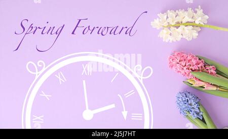 Beautiful blooming hyacinth flowers and drawing of clock on lilac background. Spring forward Stock Photo