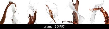 Splashes of hot chocolate and milk isolated on white Stock Photo