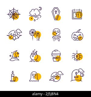 Fun cartoon Halloween line art icons. Coffin, spider web, grave, ghost, magic potion and trick or treat. Pixel perfect, editable stroke Stock Vector