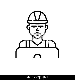 Construction worker using laptop. Pixel perfect, editable stroke icon Stock Vector