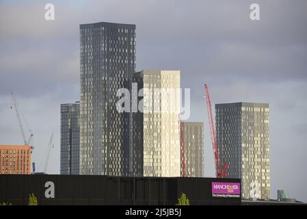 A high level view of skyscrapers at Deansgate Square in central Manchester, England, United Kingdom, seen from the South of the city centre. Stock Photo