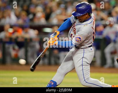 April 23, 2022:Francisco Lindor (12) of the New York Mets gets a single in  the of the 8th inning between the New York Mets and the Arizona  Diamondbacks at Case Field in