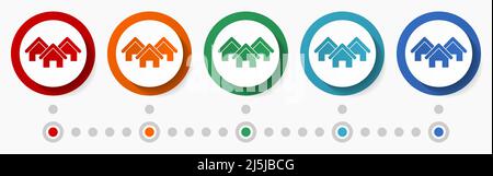 Home, house concept vector icon set, infographic template, flat design circle colorful web buttons in 5 color options Stock Vector