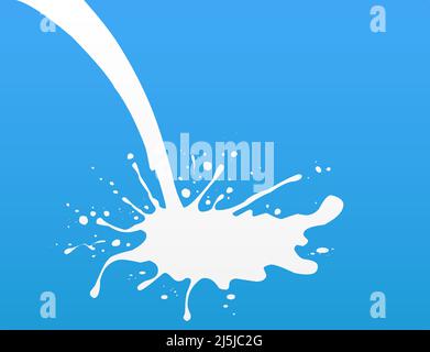 Realistic milk pouring out with drops and splashes on blue background. vector illustration Stock Vector