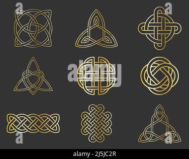 Celtic knot vector icon set in gold color on grey background Stock Vector