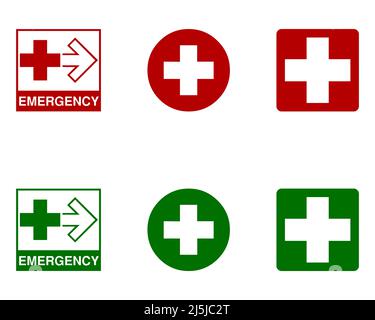 Medical plus and emergency vector icons in green and red color on white background Stock Vector