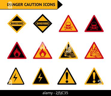 Danger warning fire caution vector icon set in red, yellow and black color on white background Stock Vector