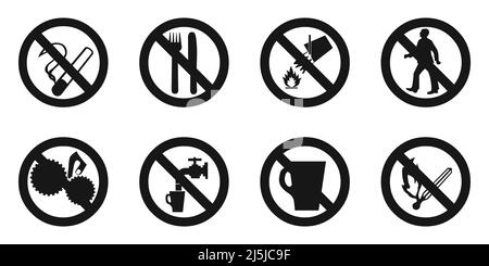 Various ban prohibited warning signs vector icon set in black color on white background Stock Vector