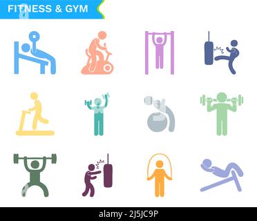 Colorful gym flat vector icon set on white background. Set of 12 vector icons Stock Vector