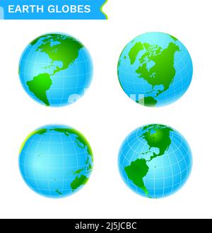 Earth globes vector icon set in green and blue color on white background. Set of 4 vector icons Stock Vector