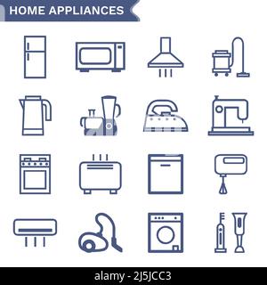 Home appliances vector line icon set on white background. Set of 16 vector icons Stock Vector