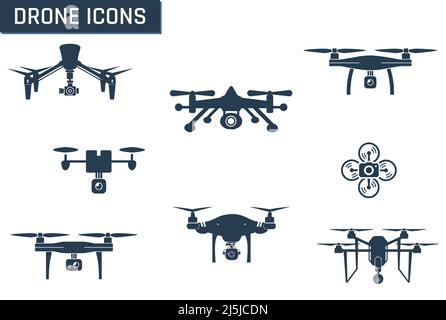 Blue grey color drone vector icon set Stock Vector