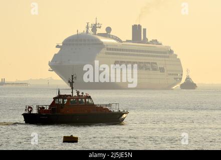 24/04/2022 London International Cruise Terminal Tilbury UK Ambassador Cruise Line flag ship Ambience is pictured returning to London International Cru Stock Photo