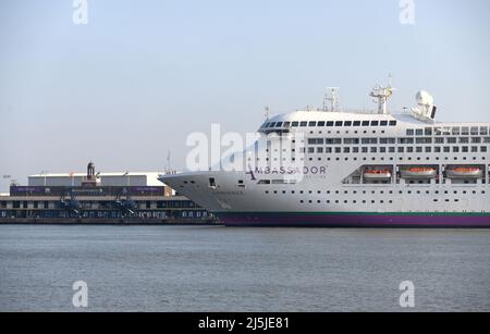 24/04/2022 London International Cruise Terminal Tilbury UK Ambassador Cruise Line flag ship Ambience is pictured returning to London International Cru Stock Photo