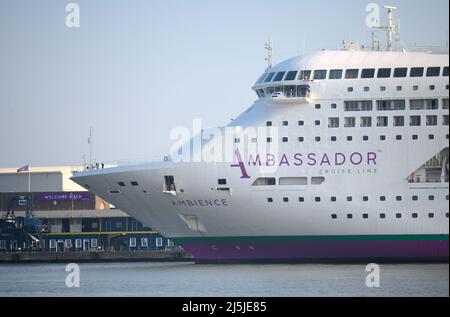 24/04/2022 London International Cruise Terminal Tilbury UK Ambassador Cruise Line flag ship Ambience is pictured returning to London International Cru Stock Photo