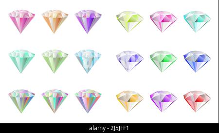 Diamond gemstone vector icons in blue, orange , violet, sky, red, green and pink and rainbow color Stock Vector