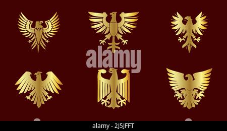 Golden eagle vector element set on red background Stock Vector