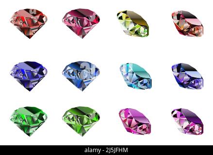 Gemstone vector icons in blue, sky, red, green and pink color. Set of 12 icons Stock Vector