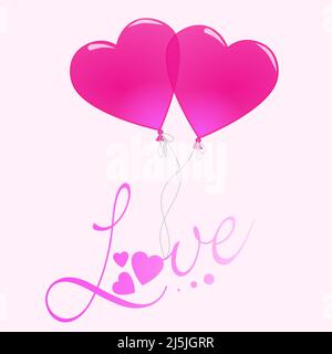 Love written with two pink heart balloons. Vector illustration Stock Vector