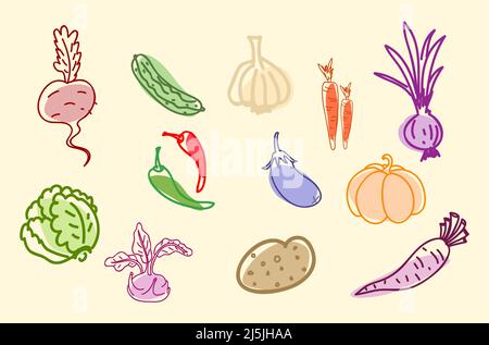 Hand drawn colorful vegetables vector line icons Stock Vector