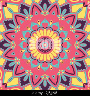 Mandala in pink teal yellow and dark purple color. Vector illustration Stock Vector