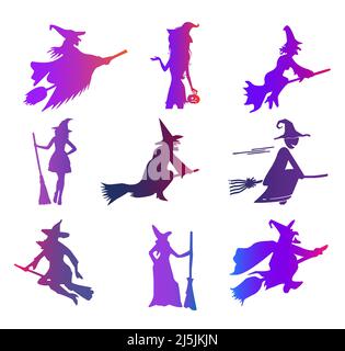 Witch with broom colorful vector icon set Stock Vector