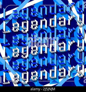 Legendary pixelated word with geometric graphic background. Vector cartoon illustration. Stock Vector