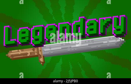 Legendary pixelated word with geometric graphic background. Vector cartoon illustration. Stock Vector