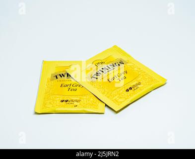 Two packets of Twinings Earl Grey tea on a white paper background. Stock Photo