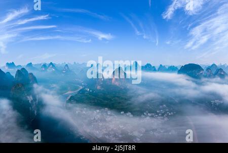 Aerial view of beautiful mountain and water natural scenery in Guilin, China. Guilin is a world famous tourist resort. Here are the most widely distri Stock Photo