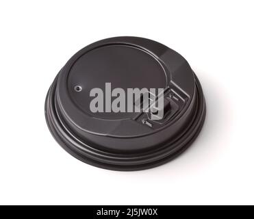 Black plastic disposable takeaway coffee cap isolated on white Stock Photo