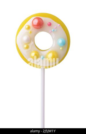 Front view of donuts lollipop candy isolated on white Stock Photo