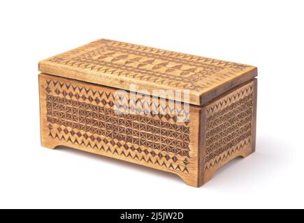 Old closed wooden carved casket isolated on white Stock Photo