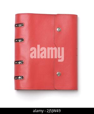 Front view of red leather ring binder organizer isolated on white Stock Photo