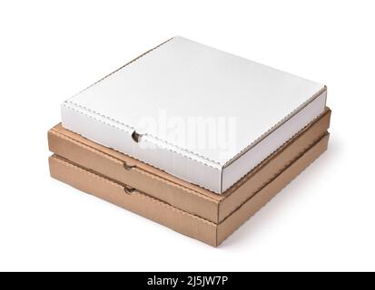 Stack of different blank corrugated pizza boxes isolated on white Stock Photo