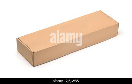 Long blank brown packaging cardboard box isolated on white Stock Photo