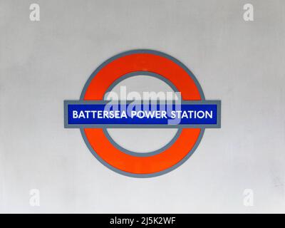 London, UK-12.10.21: a sign for the new Battersea Power Station Tube Station on the new branch of the Northern Line, opened in 2021. London Tube is th Stock Photo